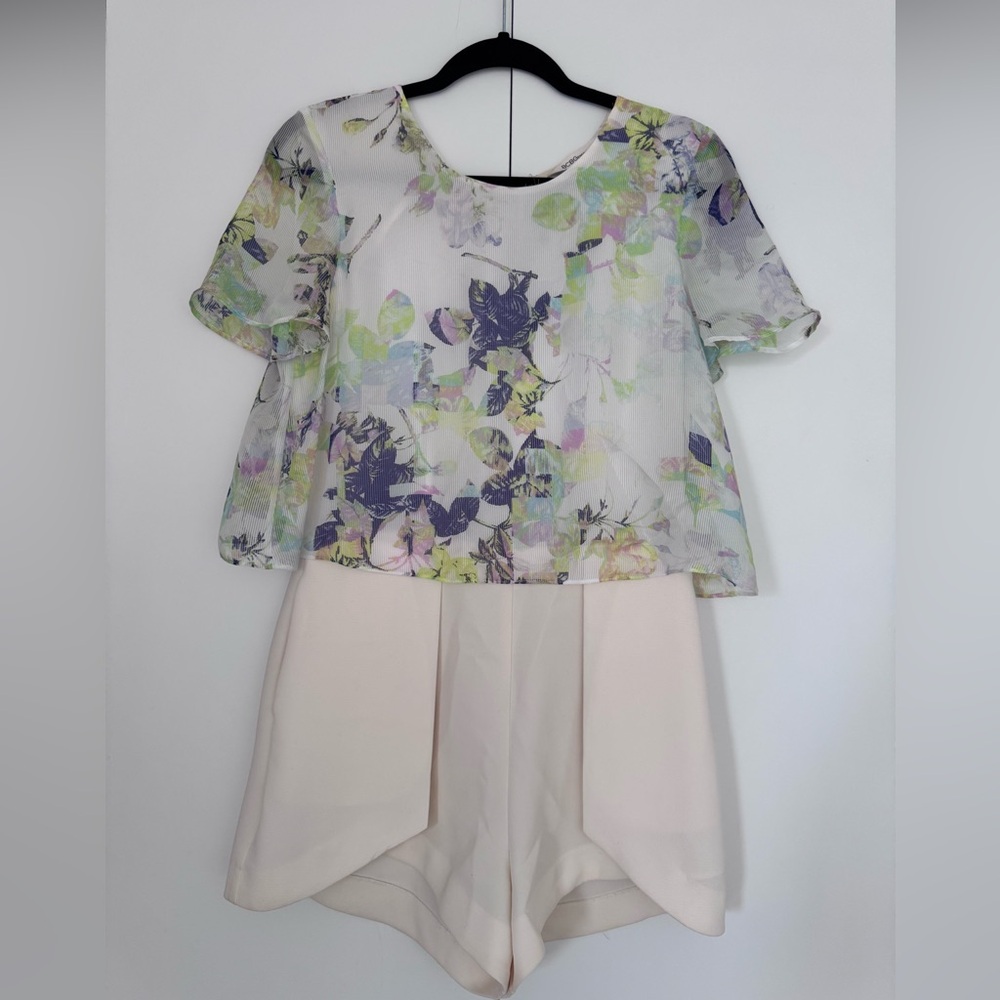 BCBGeneration Floral Overlay Romper - Cream and Multicolor